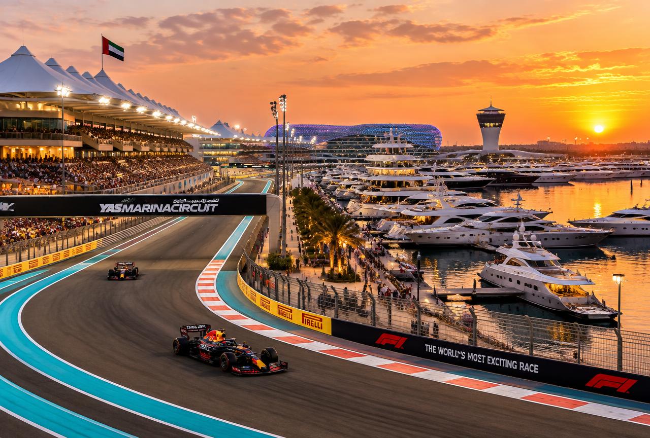 Yas Marina Formula 1 circuit in Abu Dhabi at dusk with illuminated grandstands
