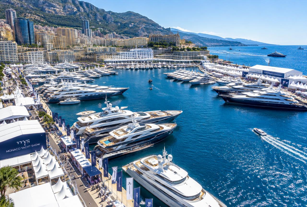 Monaco Yacht Show at Port Hercules with luxury superyachts on a sunny day